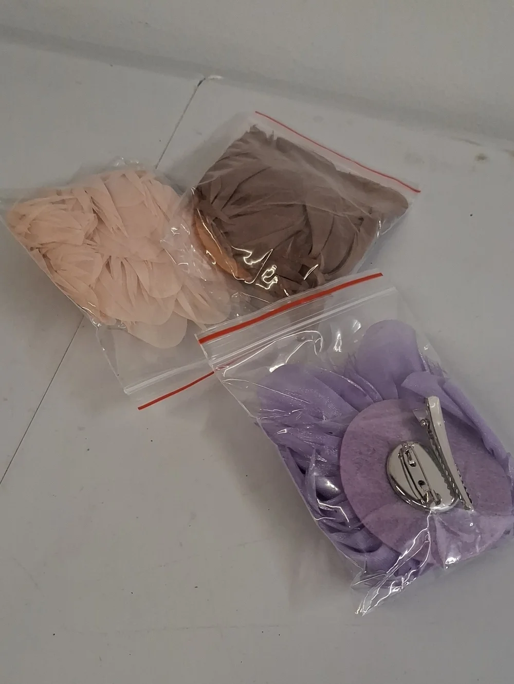 Set of 3 Decorative Fabric Flower Clips/Brooches - Mauve, Lavender, Peach